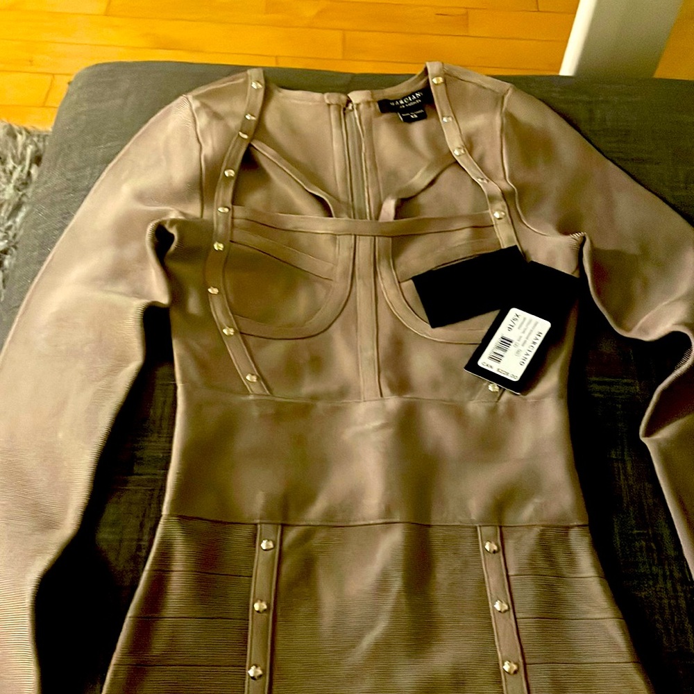 Marciano Taupe Long Sleeve Studded Faux-Leather Cocktail Dress
